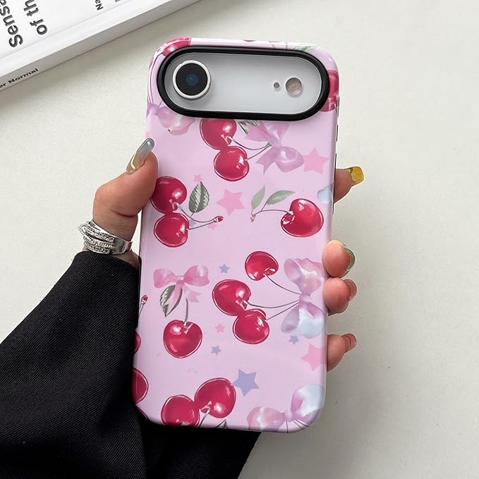 QLTYPRI Case for iPhone Air, Aesthetic Cute Pink Cherry Bow Phone Case for Girls Women, Protective Hybrid 2-Layer Hard Shell Silicone Cover Durable Shockproof Phone Cover - Pink