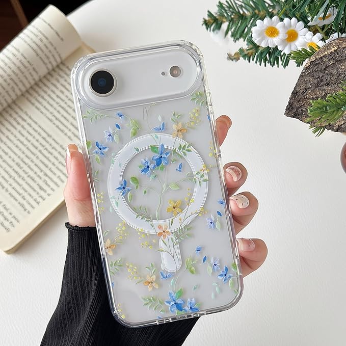 ZTOFERA for iPhone Air Magnetic Case Compatible with Magsafe,Aesthetic Floral Pattern Design Cute for Girl Women,Anti-Drop Protective Hard Phone Cover for iPhone Air-Blue Flower