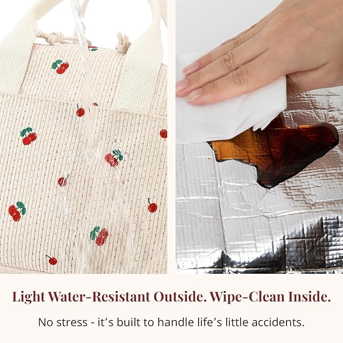 Insulated Cherry Lunch Bag for Women, Stylish Corduroy Tote with Aluminum Lining, Large Capacity Reusable Cooler for Work, Travel, Beach or Picnic, Beige Cream Water-Resistant Lunch Box