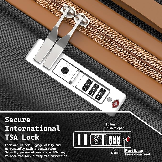 Melalenia Luggage Sets 5 Piece with Duffel Bag, Hard Shell Carry on Suitcase with Spinner Wheels and TSA Lock, Travel Lightweight Luggage Set for Women, Black Brown