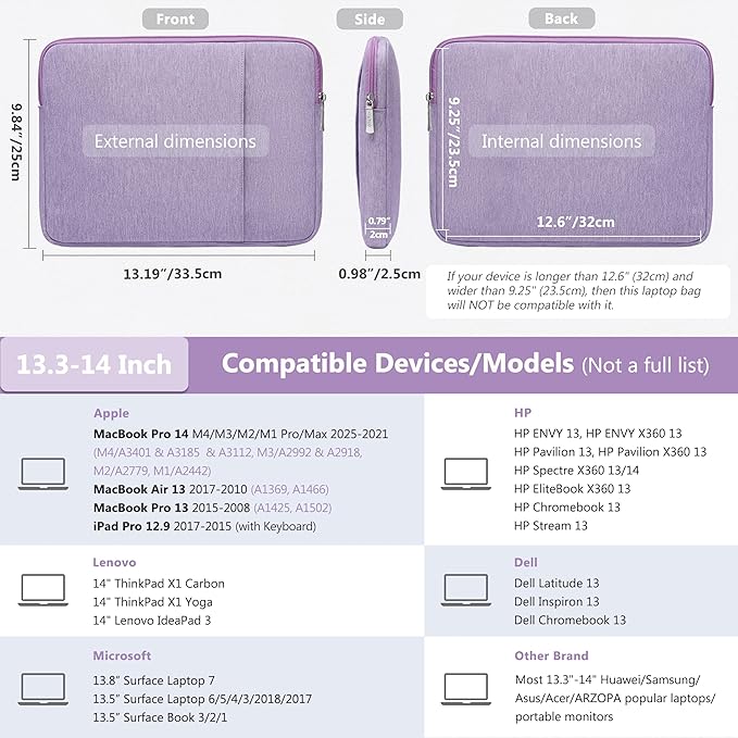 HYZUO 13.3-14 Inch Laptop Sleeve Bag Set for MacBook Pro 14 M4/M3/M2/M1, MacBook Air/Pro 13.3, 13.5"/13.8" Surface Book/Laptop, Notebook Case for 13.3" HP Dell Lenovo Asus Acer, Lilac Purple