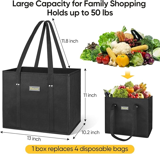 BALEINE 3Pk Reusable Grocery Bags, Foldable Shopping Bags for Groceries with Reinforced Bottom & Handles (Black)