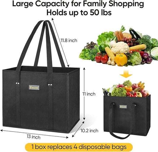 BALEINE 3Pk Reusable Grocery Bags, Foldable Shopping Bags for Groceries with Reinforced Bottom & Handles (Black)