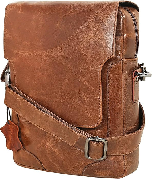 Pitaara Genuine Leather Crossbody Messenger Bag with Front Flap, Unisex, Full Grain Leather Shoulder Travel Bag, Tablet Bag