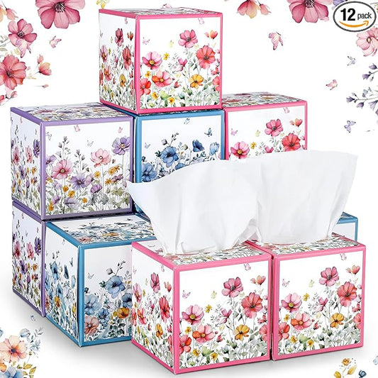 12 Pack Floral Facial Tissues Cube Boxes 600 Sheets 3 Ply Small Square Wildflowers Face Tissues Bulk for Summer Fall Car Bedroom Supplies