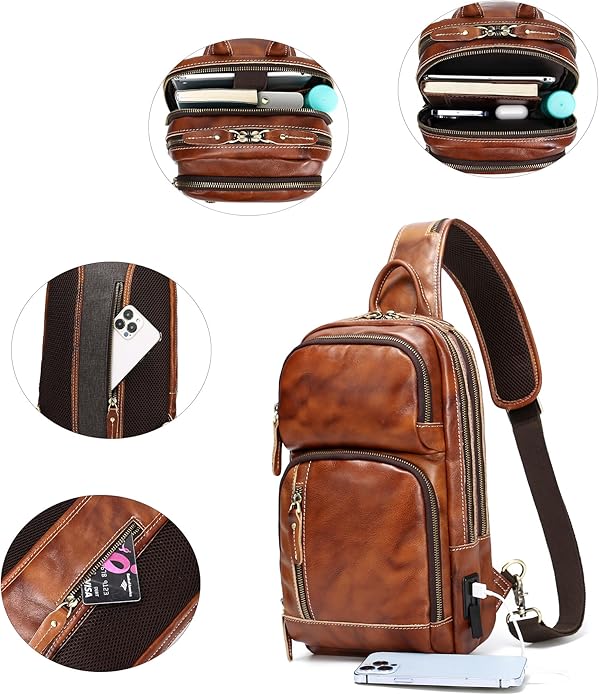LANNSYNE Full Grain Leather Sling Bag For Men Crossbody Chest Daypack fits 10.5" iPad