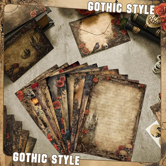 TaoBary 160 Pcs Stationery Paper Set 50 Double Sided Stationery Papers with 50 Matching Envelopes and 60 Round Dot Sticker, 10 Design(Gothic Style,8.25 x 5.5 Inch)