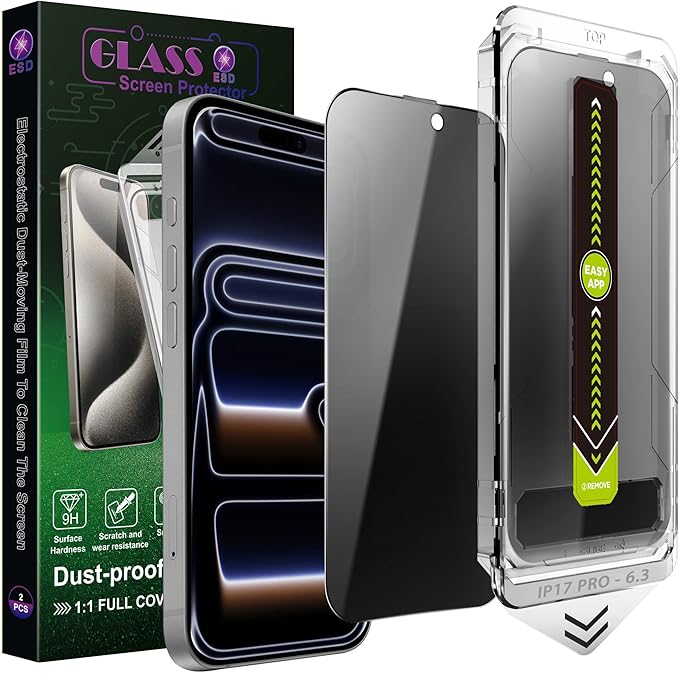 2 Pack Anti-Spy Privacy Screen Protector for iPhone 17 Pro (6.3-Inch),9H Tempered Glass,Full Coverage,Anti-Fingerprint,Auto Dust Removal,Bubble-Free,Easy Installation