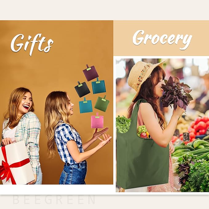 BeeGreen Colorful Kitchen Reusable Grocery Bags - Heavy Duty Foldable Polyester Shopping Bag With Handles, Bulk Travel Tote Bag with Pockets for Women Cloth Reusable Gift Bags