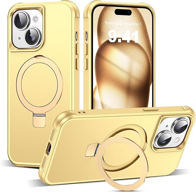 Compatible with iPhone 15 Plus Case with Invisible Magnetic O-Ring Stand Military-Grade Case for iPhone 15 Plus 6.7" [Compatible with Mag-Safe][Great Grip Feeling], Gold