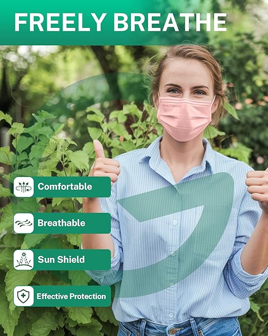 Disposable Face Masks Made in USA, 4 Ply for Families, Students, Breathable All-Day Wear & Safety, FSA HSA Eligible, ASTM Level 3 Medical Grade, 50 Pack, Pink