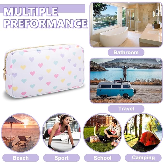 Small Makeup Bag Pouch for Purse，Nylon Travel Toiletry Storage Bag Cute Makeup Organizer Bag for Women Girls，Preppy Waterproof Cosmetic Bag Pouch Skincare Bag Purse with Zipper (Small-White Heart)