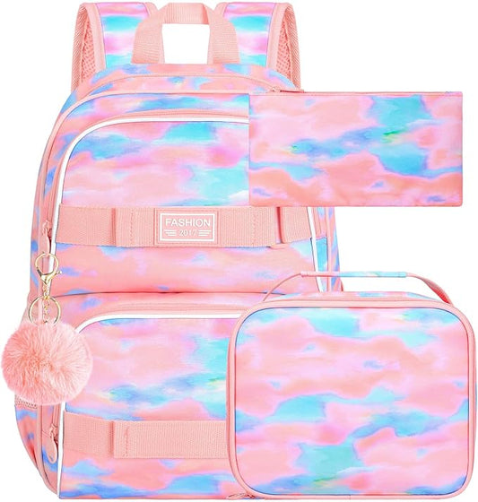 3Pcs Backpack for Girls Boys, 17 Inch School Bookbag with Lunch Box, Durable Laptop Backpacks Set for Teens College