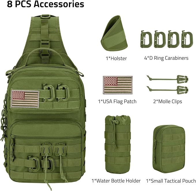 CVLIFE Tactical Sling Bag Backpack for Men Military Shoulder Sling Bag Molle Army Assault Detachable Tactical Bag with Bottle Holder Concealed Carry Daily Day Pack Work Bag for EDC Hiking, Green