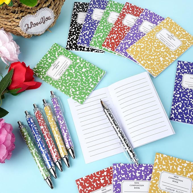 48 Pack Bulk Mini Composition Notebook with 24 Pack Assorted Colors Ballpoint Pens Set, 3.1x4.9 inch Hard Cover,16 Sheets Per Comp Book Marble Composition Notebook for School College & Office Supplies