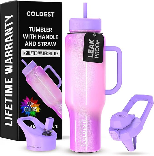 Coldest Tumbler with Handle and Straw, 100% Leak Proof Insulated Tumbler with Lid and Straw (3 Lids), Stainless Steel Tumblers for Women & Men, Cup Holder Friendly, 46 oz (Popsicle Dream)
