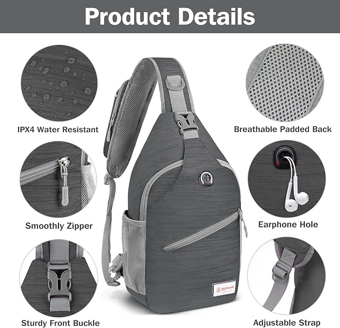 ZOMAKE Sling Bag,Small Crossbody Sling Backpack,Water Resistant Shoulder Daypack for Travel,Anti Thief Chest Bag for Hiking(Black(Stripe))