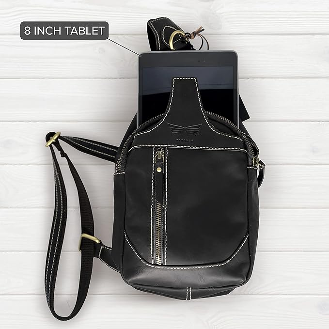 Leather Cross-body Sling Bag Casual Daypack Backpack Chest Shoulder Multi-Purpose Timeless Design Small Men (Black)