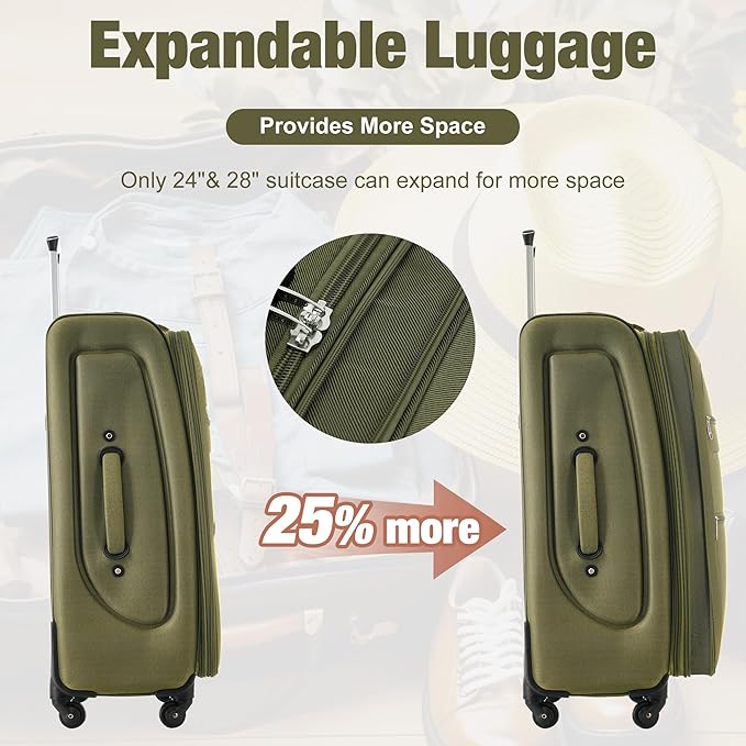 Merax Softside Luggage Set Softshell Lightweight 3 Piece Spinner Suitcase 22" 26" 30" Army Green