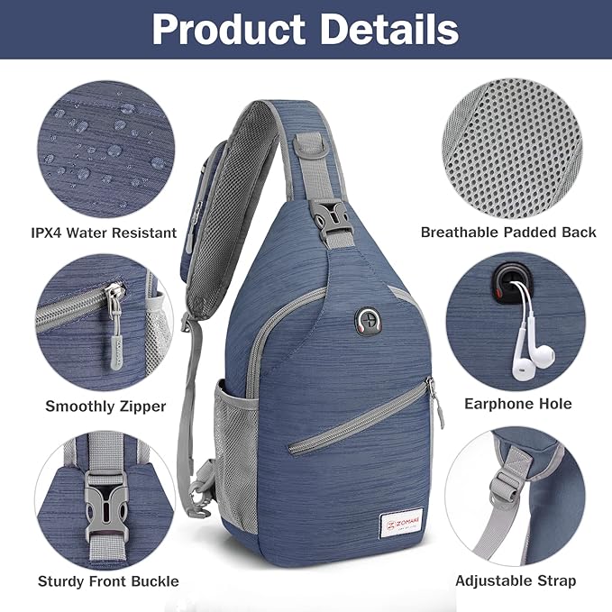 ZOMAKE Sling Bag,Small Crossbody Sling Backpack,Water Resistant Shoulder Daypack for Travel,Anti Thief Chest Bag for Hiking(Navy Blue(Stripe))