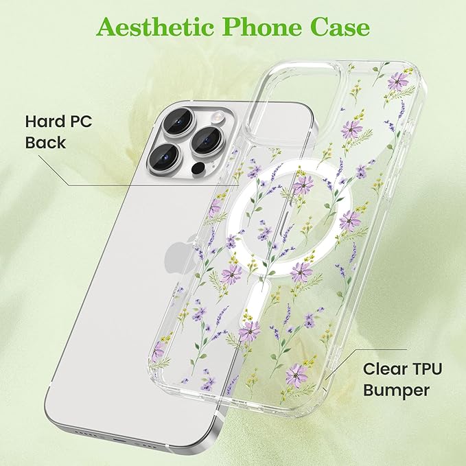 ZTOFERA for iPhone 13 Pro Max Magnetic Case Compatible with Magsafe,Aesthetic Floral Pattern Design Cute for Girl Women,Anti-Drop Protective Hard Phone Cover for iPhone 13 Pro Max-Purple Flower
