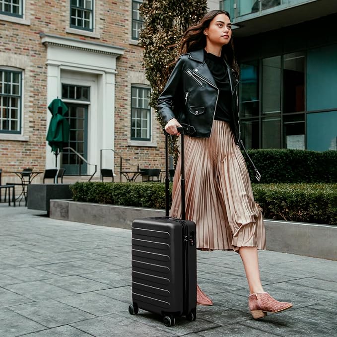 NINETYGO Luggage Sets 2 Piece, Carry On Luggage Airline Approved, Large Checked Luggage with Spinner Wheels, Lightweight, Hard Shell PC Suitcase Sets, TSA Approved, 20in/28in (Black, Rhine Basic)