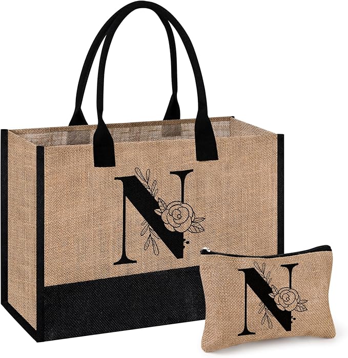 AYGE Personalized Initial Jute Tote Bag & Makeup Bag, Beach Bag, Monogrammed Birthday Gifts for Women Sister Mom Bridesmaid