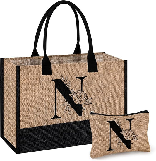AYGE Personalized Initial Jute Tote Bag & Makeup Bag, Beach Bag, Monogrammed Birthday Gifts for Women Sister Mom Bridesmaid