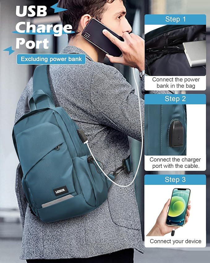 Small Sling Bag for Men Women - Lightweight Crossbody Backpack, Multipurpose Shoulder Bag, Compact Chest Daypack for Travel Hiking Gym Sport with USB Charger Port Peacock Blue