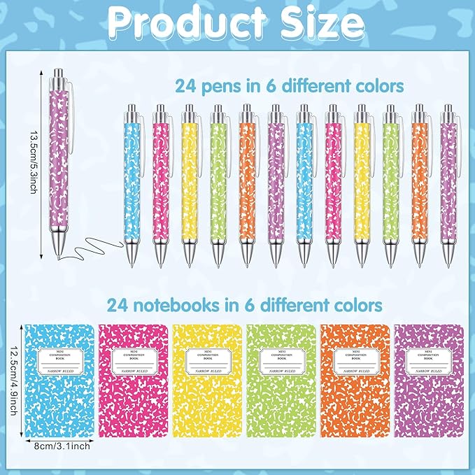48 Pack Bulk Mini Composition Notebook with Rainbow Colors Ballpoint Pens Sets, 3.1x4.9 inch Hard Cover,16 Sheets Per Comp Book Marble Composition Notebook for School College & Office Supplies