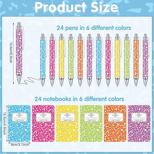 48 Pack Bulk Mini Composition Notebook with Rainbow Colors Ballpoint Pens Sets, 3.1x4.9 inch Hard Cover,16 Sheets Per Comp Book Marble Composition Notebook for School College & Office Supplies