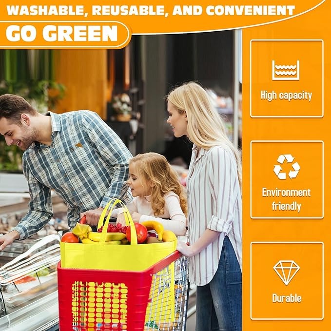 Windyun Reusable Grocery Bags Large Non Woven Shopping Bags with Handles Foldable Portable Tote Bulk, 16x6x12 Inch