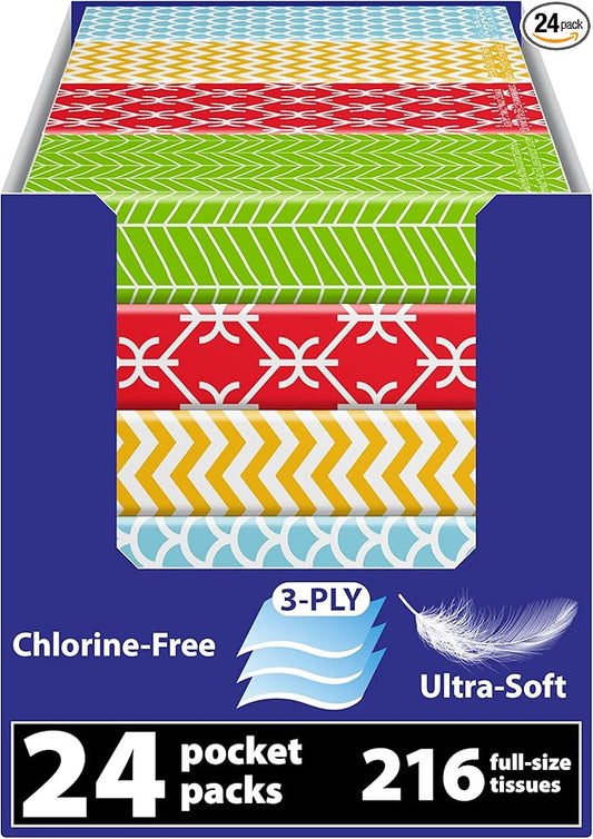 Funwares White Facial Travel Tissue Packs, Non-Bleach, Chlorine-Free, Compact Pocket Tissues for Car, Purse, School, Work, On-the-Go Tissue Packs, Geometric Design, 24 Packs, 216 Tissues, 3-Ply Sheets