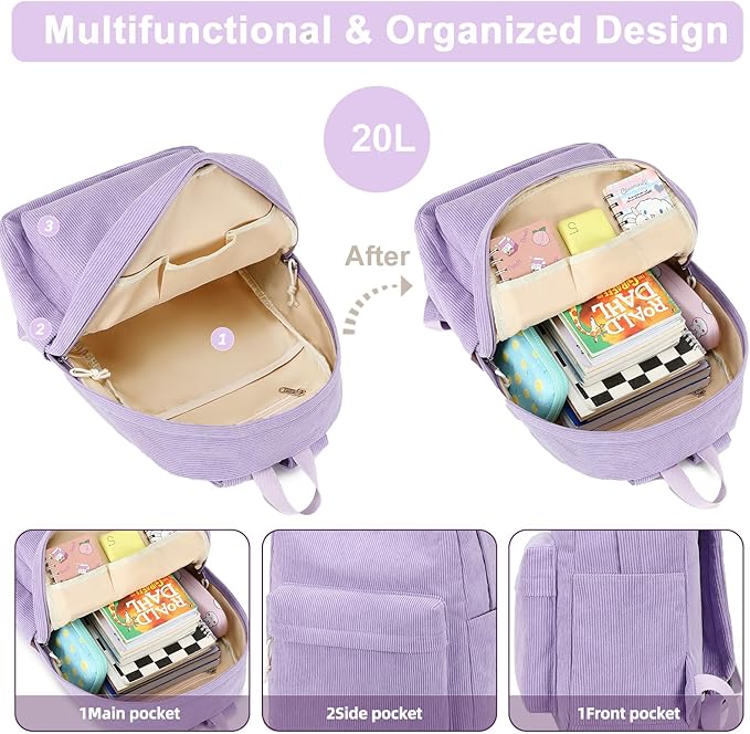 School Backpack for Teens Large Corduroy Bookbag Lightweight 15.6 inch Laptop Bag for Girls Women Casual High School College