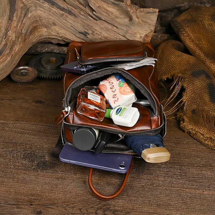 Thick Crazy horse Leather Triangle Crossbody Sling Chest Bag Travel One Shoulder Bag Daypack For Men Male 3028