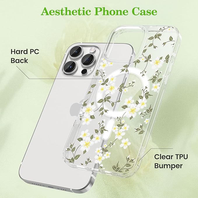ZTOFERA for iPhone 16 Pro Max Magnetic Case Compatible with Magsafe,Aesthetic Floral Pattern Design Cute for Girl Women,Anti-Drop Protective Hard Phone Cover for iPhone 16 Pro Max-Big White Flower