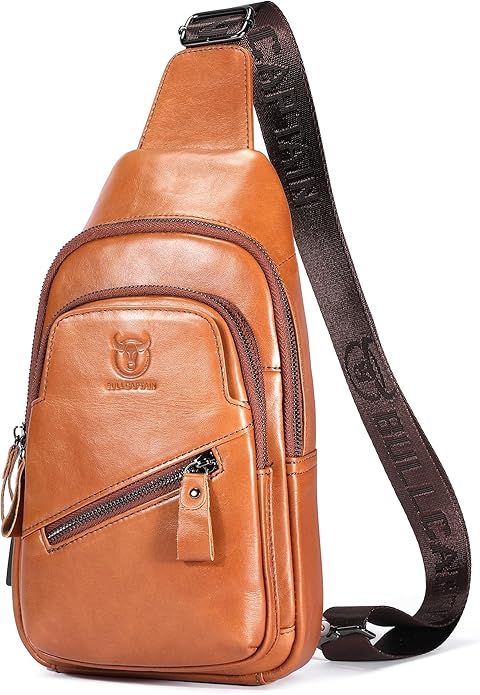 BULLCAPTAIN Mens Leather Sling Bag Backpack Casual Outdoor Shoulder Crossbody Chest Bag with USB Charging Port