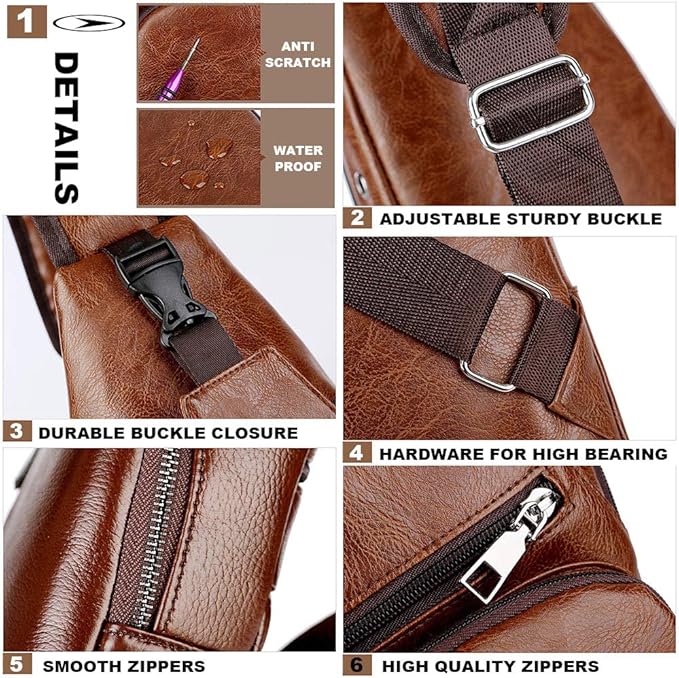 Peicees Leather Sling Bag Mens Crossbody Bag Chest Bag Sling Backpack for Men with USB Charge Port