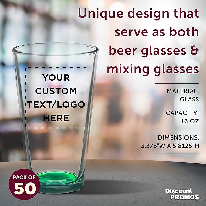 Custom Arc Pint Glass 16 oz. Set of 50, Personalized Bulk Pack - Beer Glasses, Heavy Duty Drinkware - Green