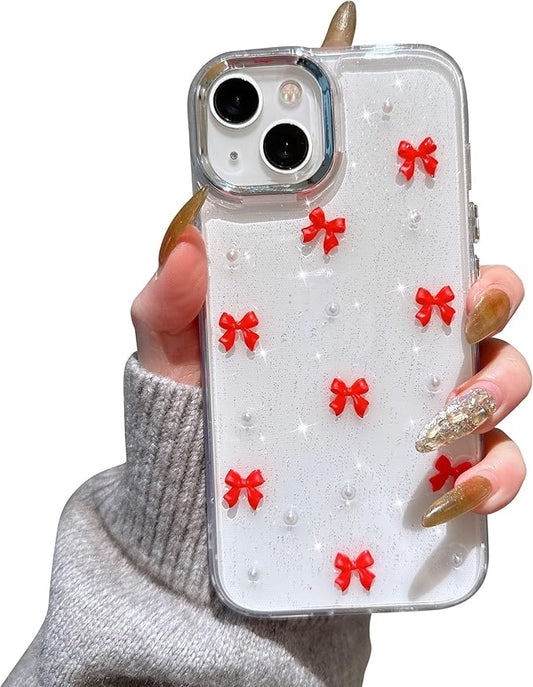 EYZUTAK Case for iPhone 13/iPhone 14, Bling Glitter 3D Bowknot Phone Case Cute Sparkly Crystal Clear Bow Aesthetic Case Slim Soft Durable TPU Transparent Protective Cover for Women Girls - Red Bow