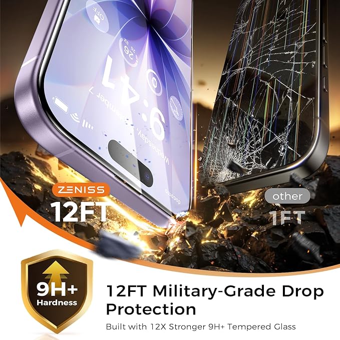 NeverBreak 9H+ Hardness for iPhone 17 Screen Protector 12FT Military Grade Protection (Scratch, Shatter, Drop Resistance) Tempered Glass Full Edge Coverage Case Friendly 6.3" 2025, 2 Pack