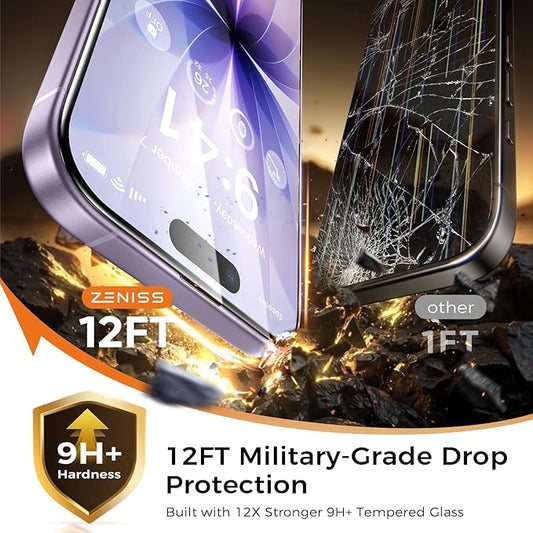 NeverBreak 9H+ Hardness for iPhone 17 Screen Protector 12FT Military Grade Protection (Scratch, Shatter, Drop Resistance) Tempered Glass Full Edge Coverage Case Friendly 6.3" 2025, 2 Pack