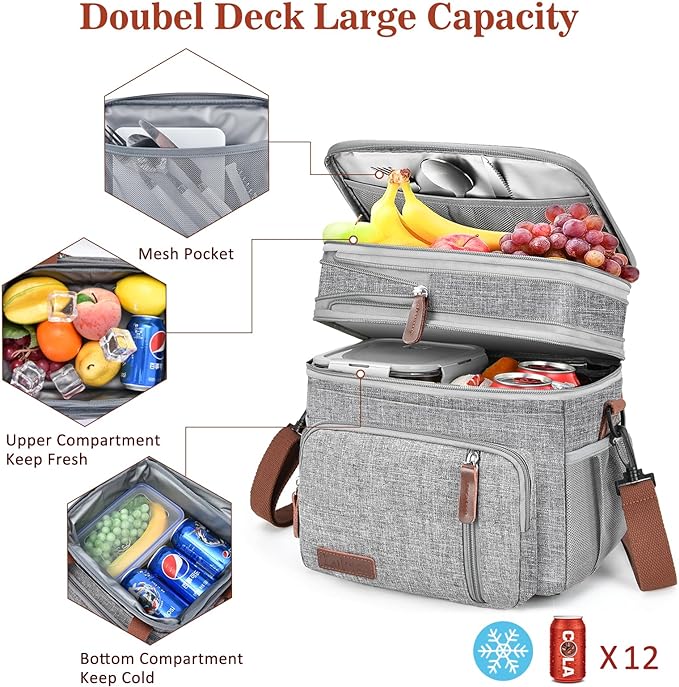 LOKASS Lunch Box for Women, 16L, Double Deck Expandable Insulated Lunch box For Adults/Women Thermal Large Waterproof Leakproof Cooler Bag with Shoulder Strap - Grey