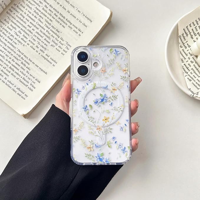 ZTOFERA for iPhone 16 Magnetic Case Compatible with Magsafe,Aesthetic Floral Pattern Design Cute for Girl Women,Anti-Drop Protective Hard Phone Cover for iPhone 16-Blue Flower