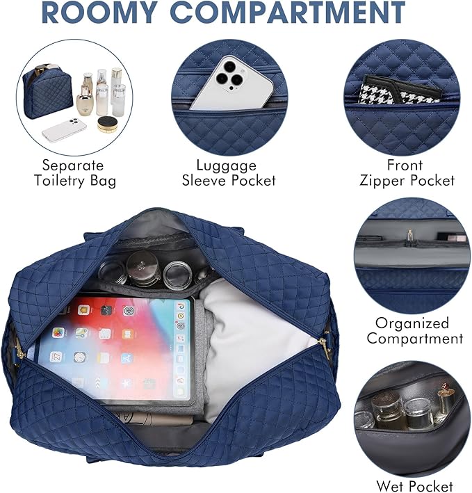 Travel Duffle Bag Weekender for Women - 38L Carry-On Overnight Bag Personal Item Bag with Shoe Compartment & Wet Pocket Weekend Tote Bags with Toiletry Bag Hospital Bags for Labor and Delivery Navy