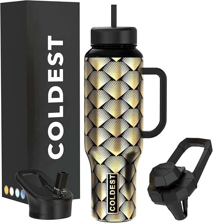 Coldest Tumbler with Handle and Straw - 100% Leak Proof Insulated Tumbler with Lid and Straw (3 Lids) - Stainless Steel Tumblers for Women & Men - Cup Holder Friendly Base, 46 oz (Gold Dragon)