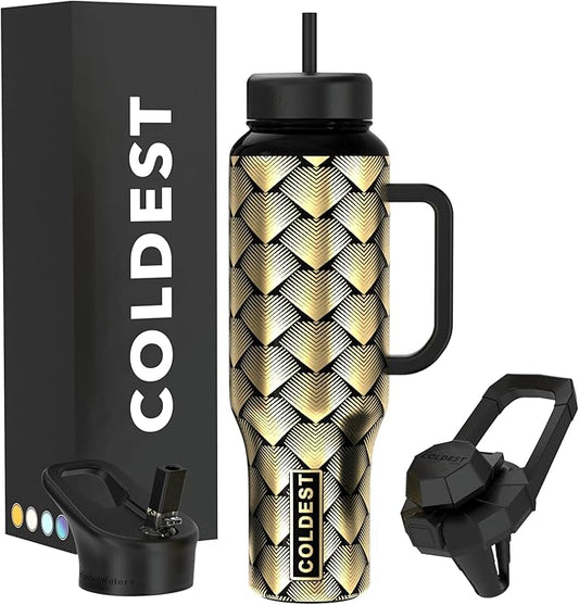 Coldest Tumbler with Handle and Straw - 100% Leak Proof Insulated Tumbler with Lid and Straw (3 Lids) - Stainless Steel Tumblers for Women & Men - Cup Holder Friendly Base, 46 oz (Gold Dragon)