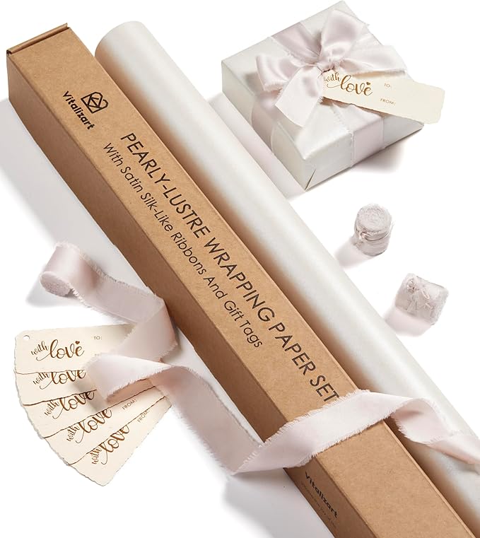Vitalizart White Wrapping Paper Set 30" Pearly-Lustre With Silk Like Satin Ribbon & Gift Tags Recyclable Eco-Friendly Christmas Gift Wrapping Birthday Baby Shower Wedding Handmade Crafts 197"(16.4 Ft)