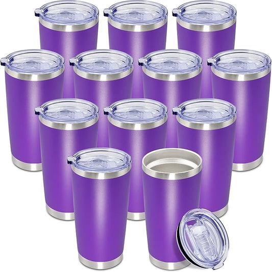 20 oz Tumbler Coffee Tavel Tumblers Bulk with Lid Stainless Steel Double Wall Vacuum Insulated Mug Powder Coated Cups fit Car Cupholder for Hot and Cold - Purple, 12Pack