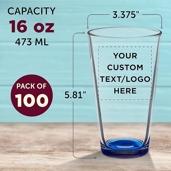 Custom Arc Pint Glass 16 oz. Set of 100, Personalized Bulk Pack - Beer Glasses, Heavy Duty Drinkware - Blue
